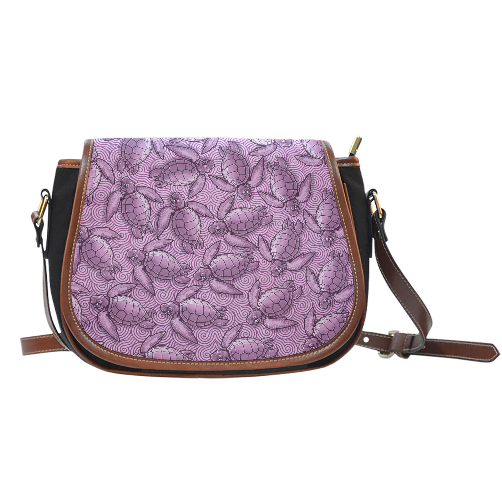 Turtle Swirl Black Canvas Saddle Bag - Mauve w/Black Leather Trim