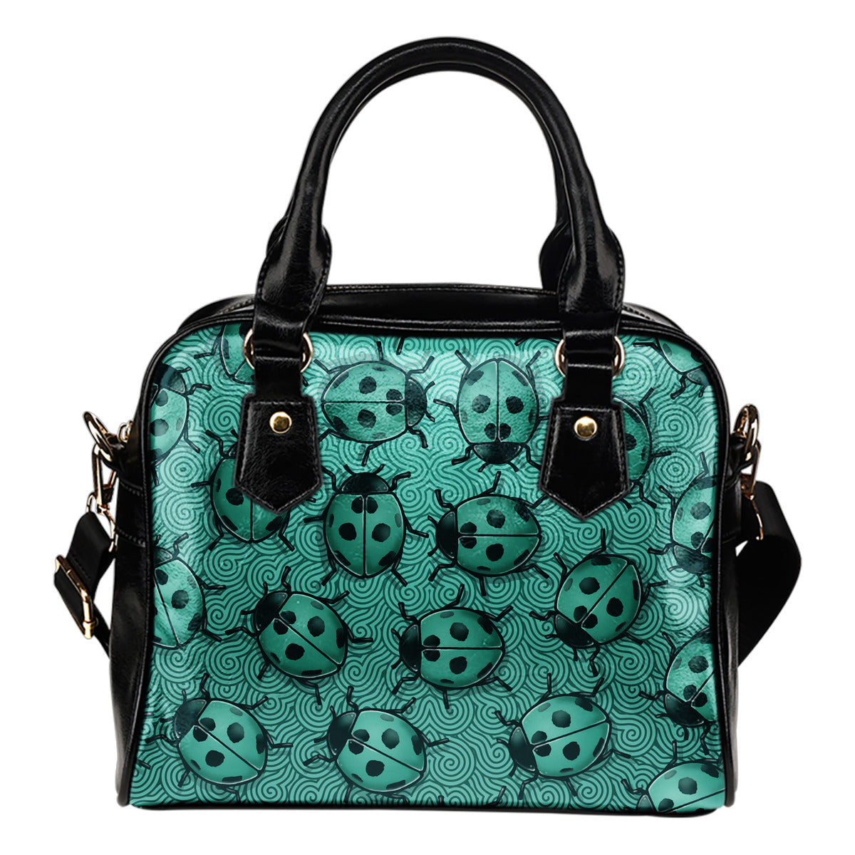 Lady Bug Swirl Shoulder Handbag - Teal w/Black Trim