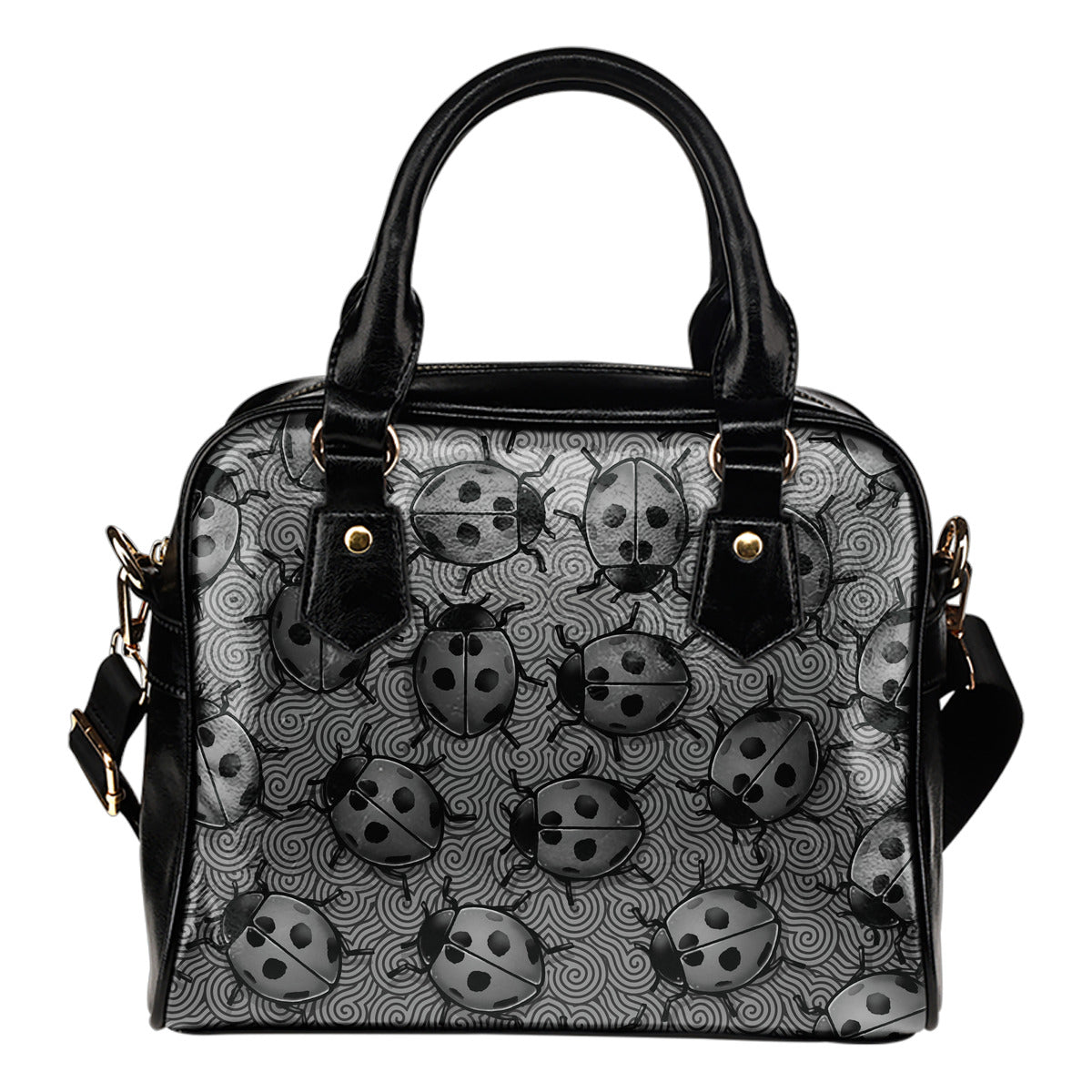 Lady Bug Swirl Shoulder Handbag - Black & White w/Black Trim