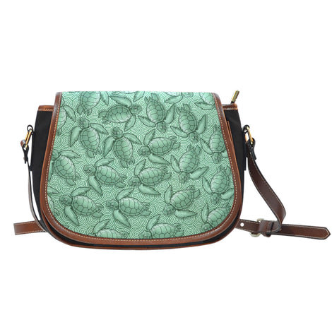 Turtle Swirl Black Canvas Saddle Bag - Green w/Leather Trim