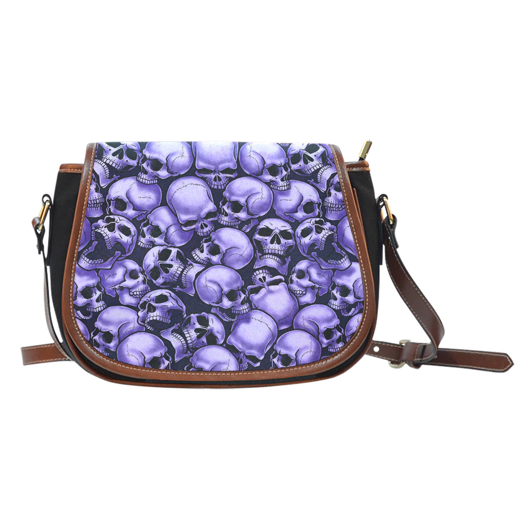 Skull Pile Black Canvas Saddle Bag - Purple w/Leather Trim