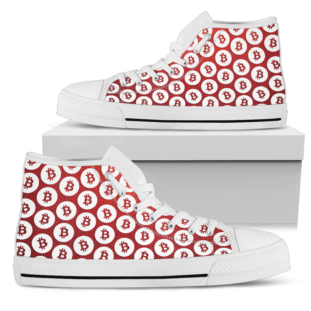 Bitcoin Pattern High Top Shoes - Red & White w/White Trim