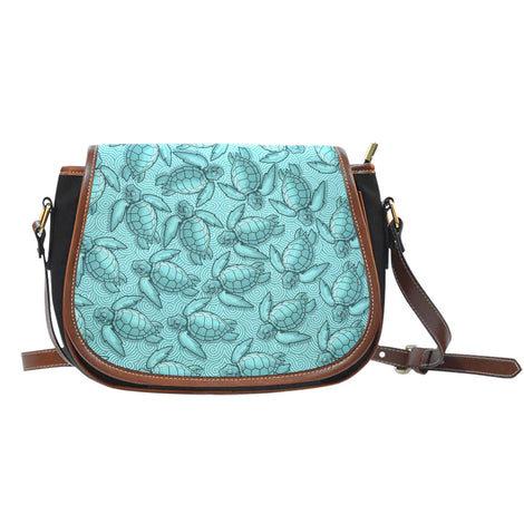 Turtle Swirl Black Canvas Saddle Bag - Blue w/Leather Trim