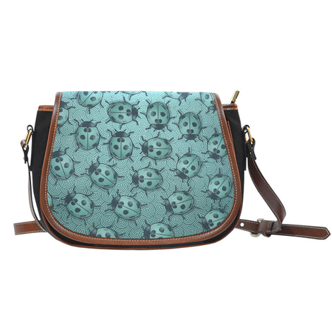 Lady Bug Swirl Black Canvas Saddle Bag - Teal w/Leather Trim