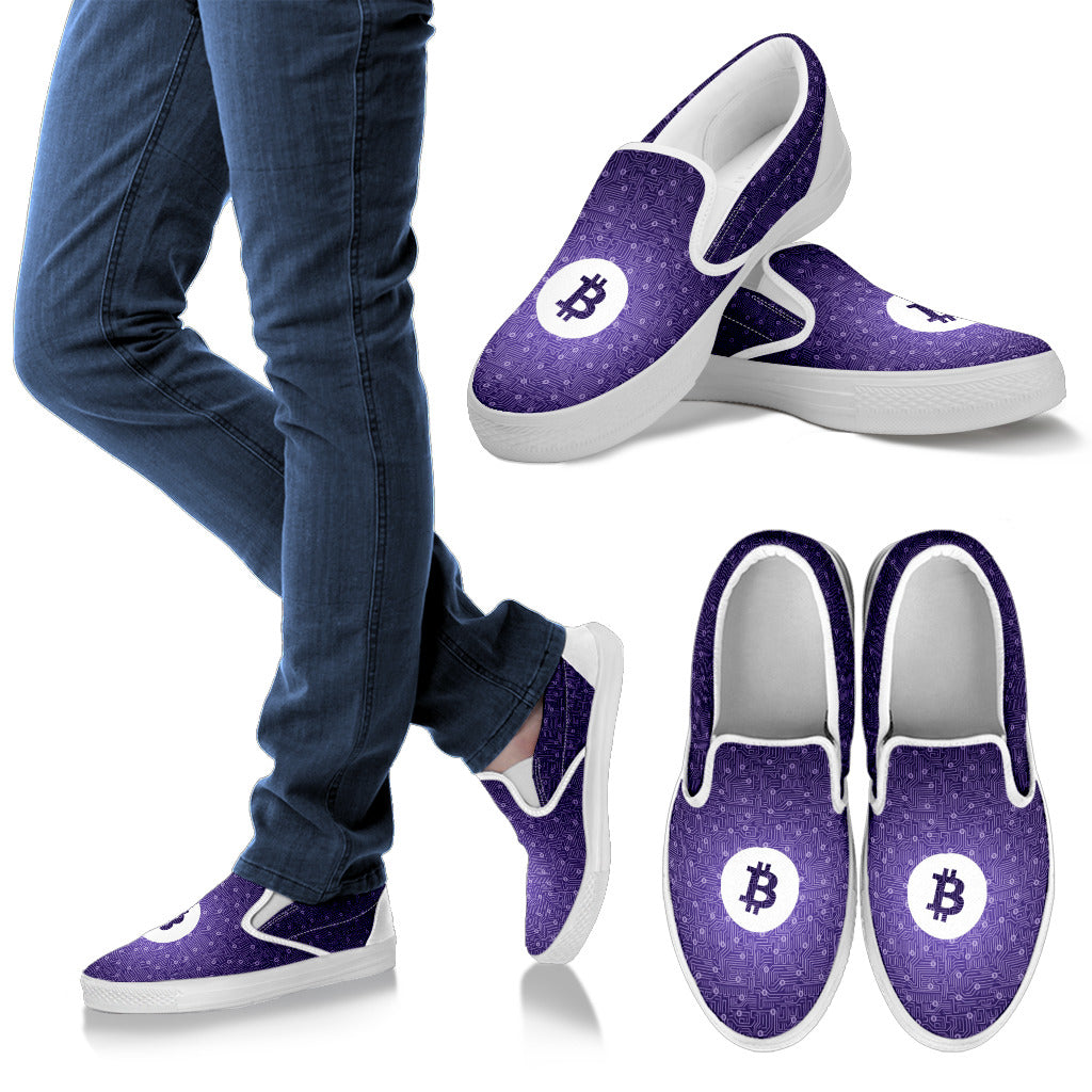 Bitcoin Pattern Slip On Shoes - Purple w/White Trim