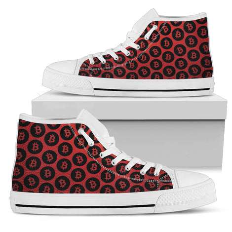 Bitcoin Pattern High Top Shoes - Red & Black w/White Trim