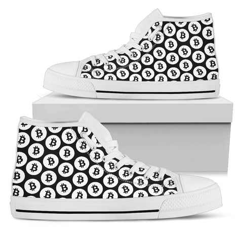 Bitcoin Pattern High Top Shoes - Black & White w/White Trim