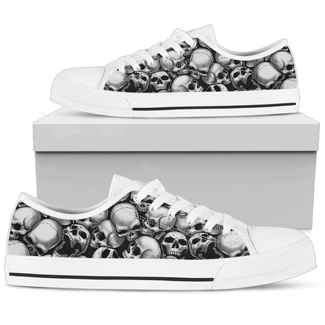 Skull Pile Low Top Shoes - Black & White w/White Trim