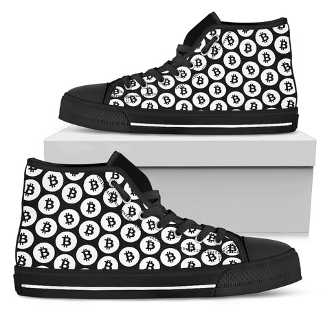 Bitcoin Pattern High Top Shoes - Black & White w/Black Trim