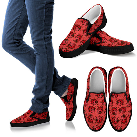 Women's Slip Ons - Black - Women's Lady Bug Swirl Slip On Shoes - Red w/Black Trim
