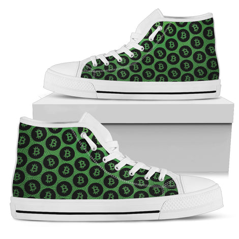 Bitcoin Pattern High Top Shoes - Green & Black w/White Trim