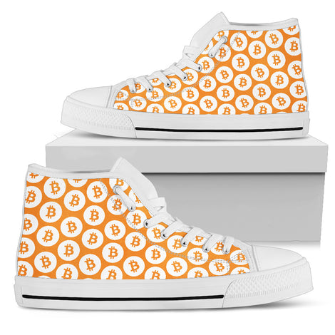 Bitcoin Pattern High Top Shoes - Orange & White w/ White Trim