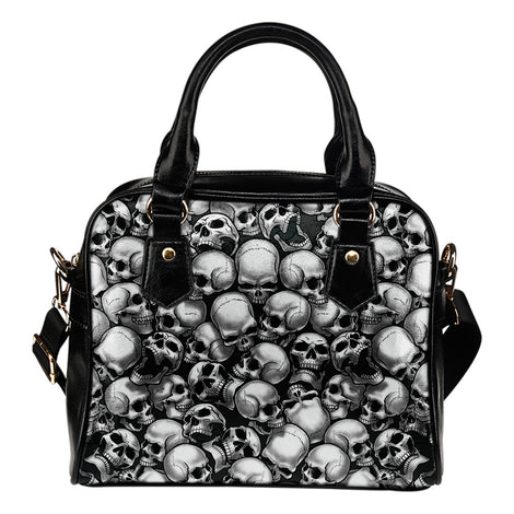 Skull Pile Shoulder Handbag - Black & White w/Black Trim