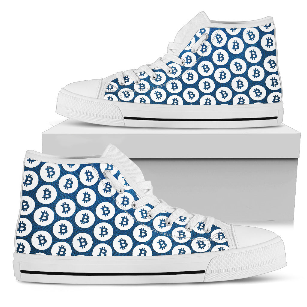 Bitcoin Pattern High Top Shoes - Blue & White w/White Trim