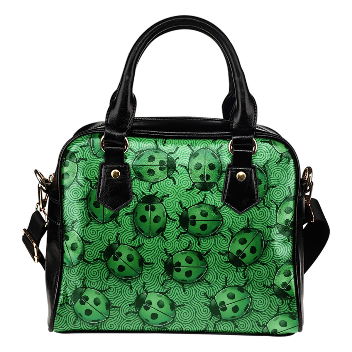 Lady Bug Swirl Shoulder Handbag - Green w/Black Trim
