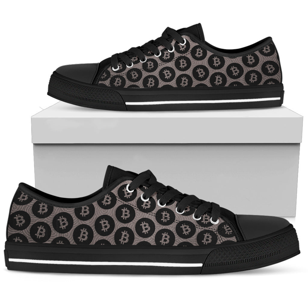 Bitcoin Pattern Low Top Shoes - Gray & Black w/Black Trim