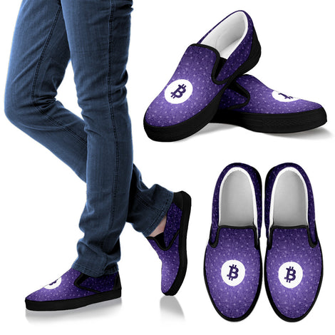 Bitcoin Pattern Slip On Shoes - Purple w/Black Trim