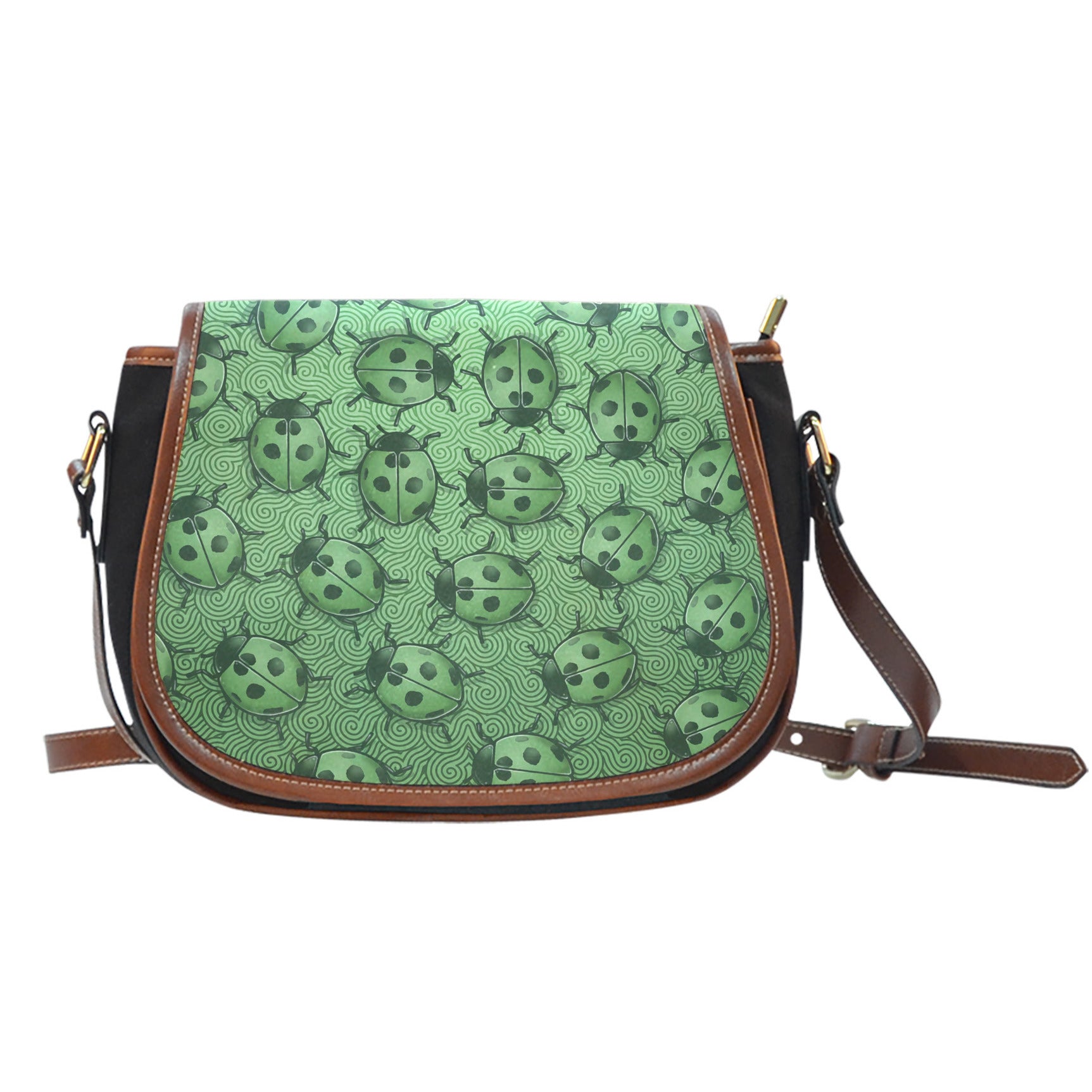 Lady Bug Swirl Black Canvas Saddle Bag - Green w/Leather Trim