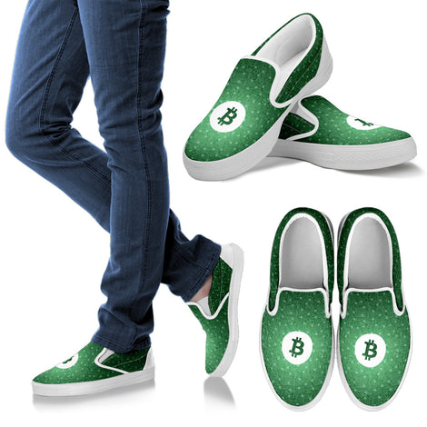 Bitcoin Pattern Slip On Shoes - Green w/White Trim