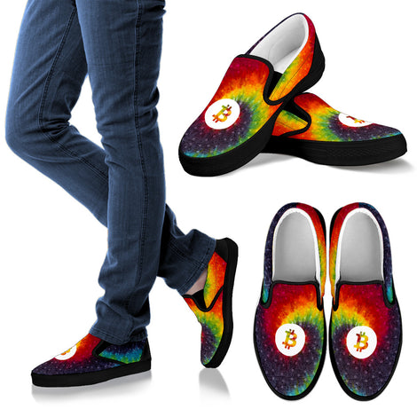 Bitcoin Pattern Slip On Shoes - Tie Dye w/Black Trim
