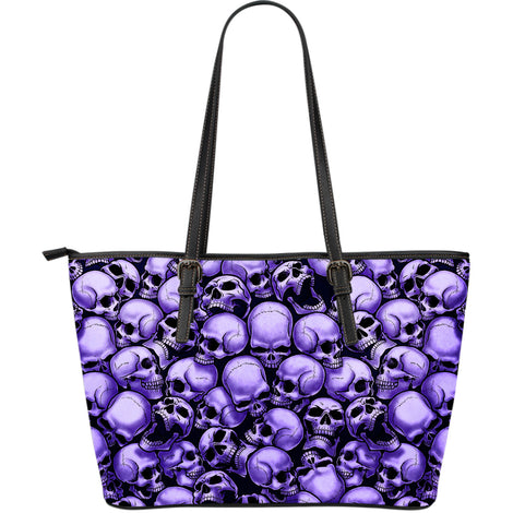 Skull Pile Large Leather Tote Bag - Purple