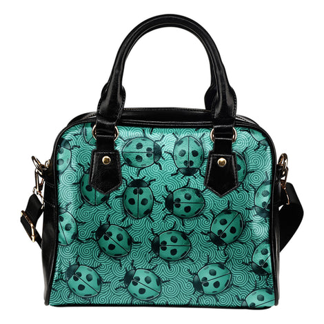Lady Bug Swirl Shoulder Handbag - Teal w/Black Trim