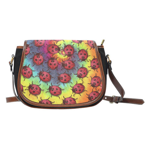 Lady Bug Swirl Black Canvas Saddle Bag - Tie Dye w/Leather Trim