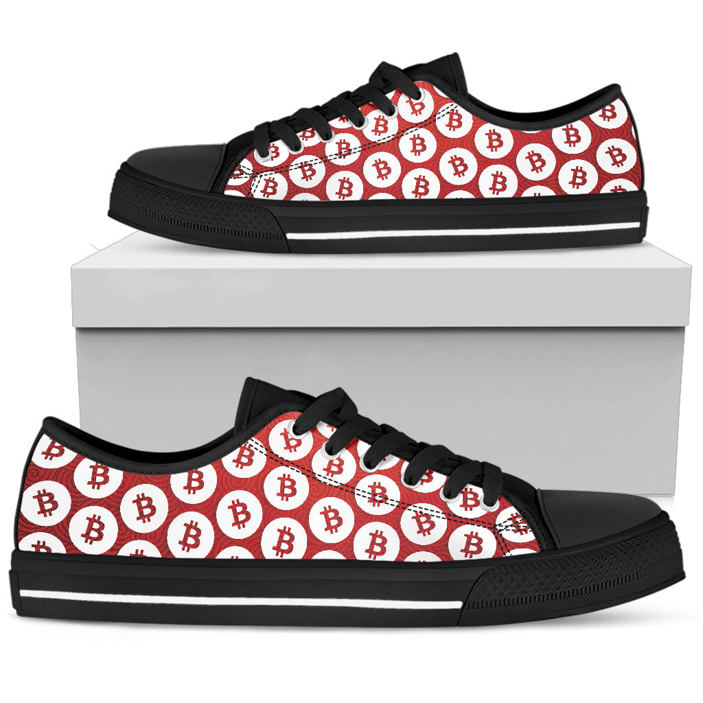 Bitcoin Pattern Low Top Shoes - Red & White w/Black Trim