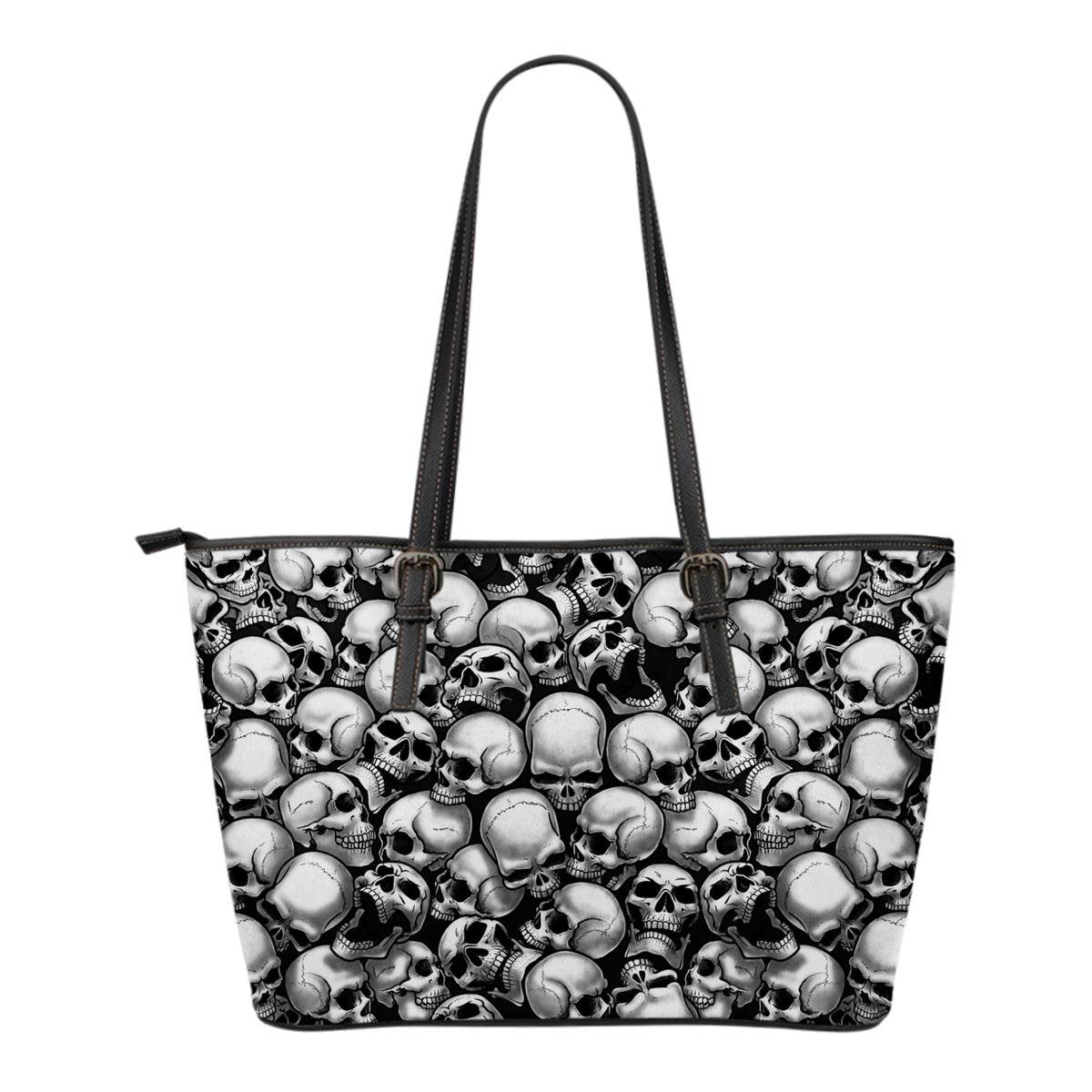 Skull Pile Small Leather Tote Bag - Black & White
