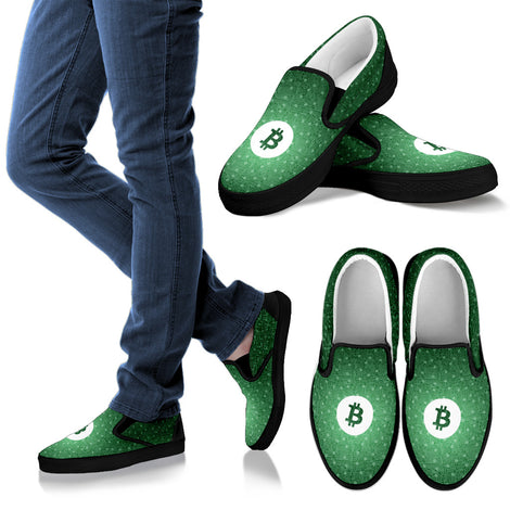 Bitcoin Pattern Slip On Shoes - Green w/Black Trim