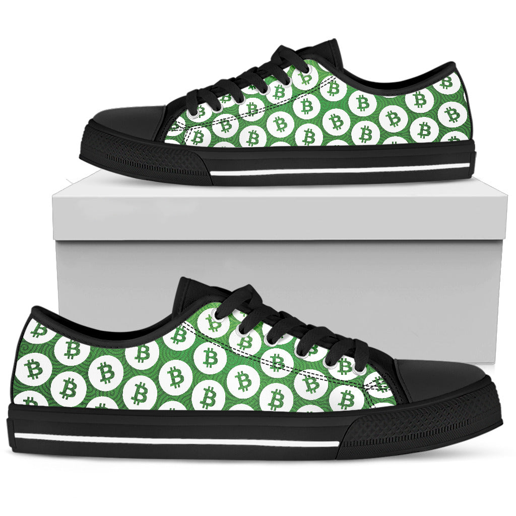 Bitcoin Pattern Low Top Shoes - Green & White w/Black Trim