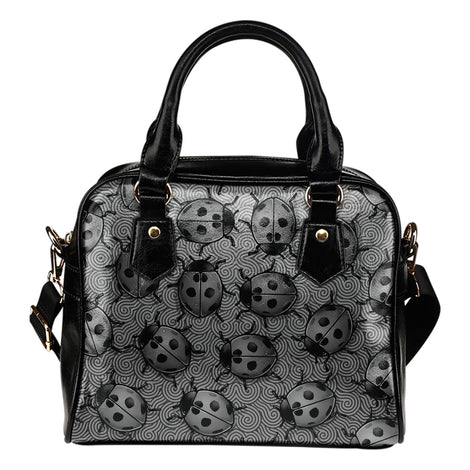 Lady Bug Swirl Shoulder Handbag - Black & White w/Black Trim