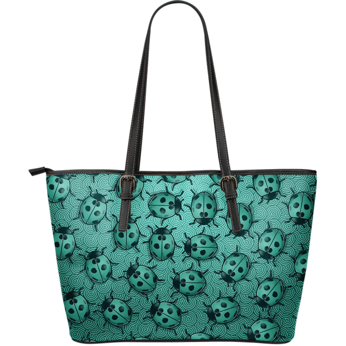 Lady Bug Swirl Large Leather Tote Bag - Teal