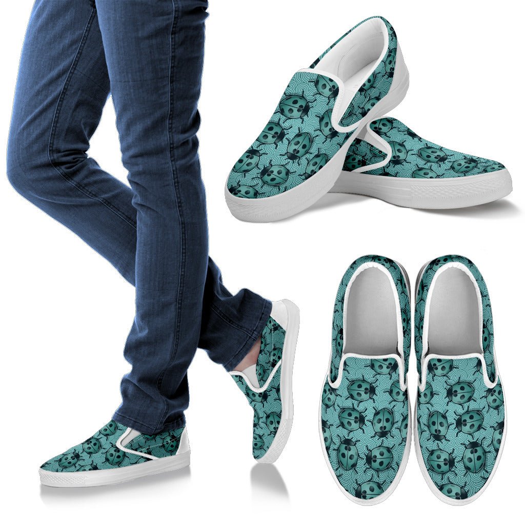 Lady Bug Swirl Slip On Shoes - Teal w/White Trim