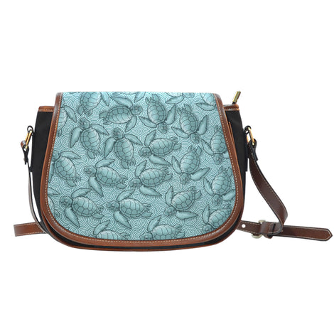 Turtle Swirl Black Canvas Saddle Bag - Teal w/Black Leather Trim