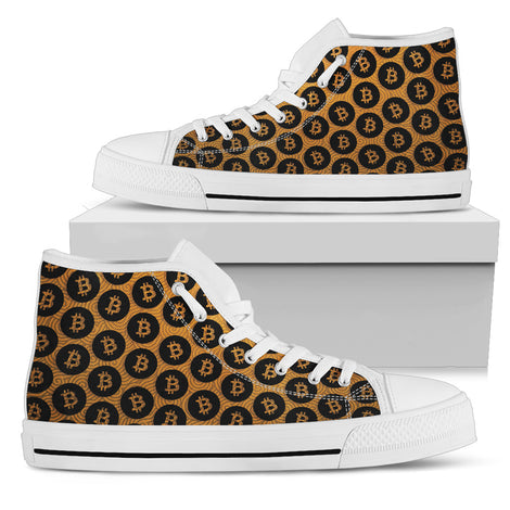 Bitcoin Pattern High Top Shoes - Orange & Black w/White Trim