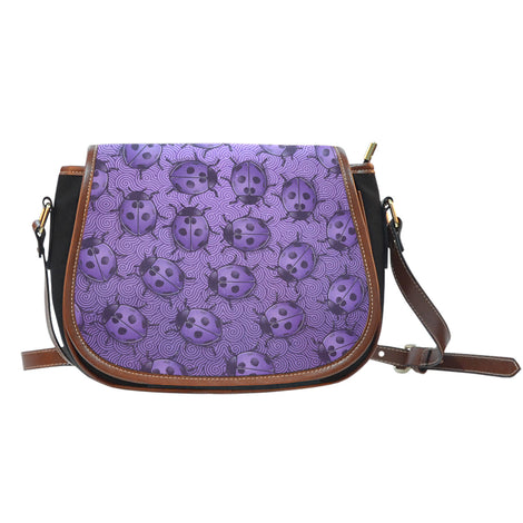 Lady Bug Swirl Black Canvas Saddle Bag - Purple w/Leather Trim