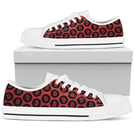 Bitcoin Pattern Low Top Shoes - Red & Black w/White Trim